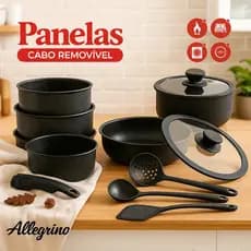 Jogo Panelas Antiaderente 11 Peças Preto Cerâmica Cabo Removível Colheres Silicone Compacto