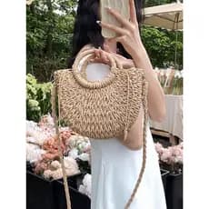 Bolsa feminina de palha praia verão lua pequena com alça transversal