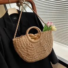 bolsa feminina de praia palha meia redondada lua verão