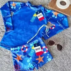 Conjunto Praia Infantil Menino Com Proteção UV 50+ Trajes De Banho Masculino Camisa + Sunga