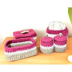 Kit Higiene 5 Cestos: Farmacinha, Porta Fraldas, Porta Shampoo, Porta Algodão de Crochê Fio de Malha