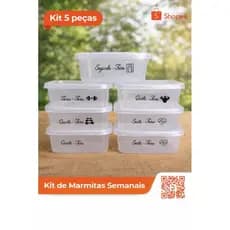Kit Marmitas Fitness Organizadoras 5 Potes Plástico BPA Free Marmitinhas de Cada Dia da Semana vasilha