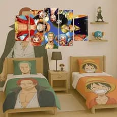 Kit Quadros Decorativo Mosaico 5 Placas MDF,-Chapéu de Palha-Luffy-Desenho Colorido Infantil Quarto