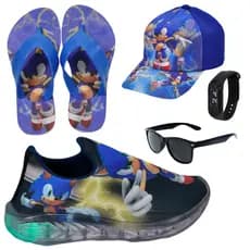 Tênis Led Infantil Masculino Slip On Sonic + Boné Relógio Chinelo Óculos