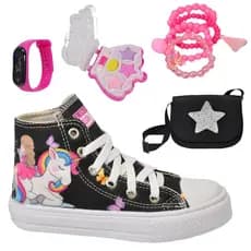 Tênis Botinha Infantil Feminino Menina Unicórnio Sereia + Bolsa Estrela Relógio Paleta Pulseira