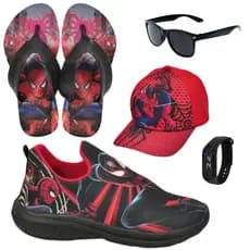 Tênis Infantil Masculino Personagem Calce Fácil + Chinelo Óculos Relógio Boné