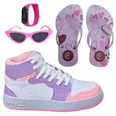 Tênis Infantil Feminino Botinha Cano Alto Meninas Escolar Confortável + Óculos Relógio Chinelo