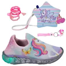 Tênis Infantil Led Feminino Unicórnio Calce Fácil Acessórios + Pulseira Chaveiro Bolsa Unic