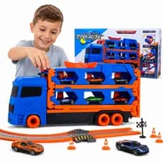 Caminhão Cegonha Com Pista Infantil 6 Carrinhos Impulsão Brinquedo de Menino Divertido Estratégia