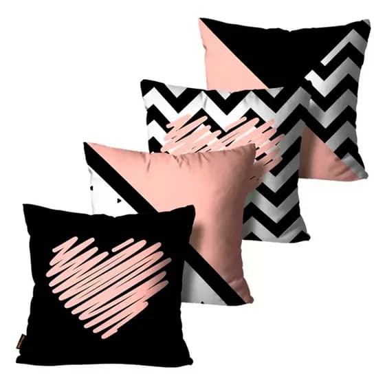 Kit 4 Capas de Almofadas Decorativas Rosa e Preto - 45x45cm