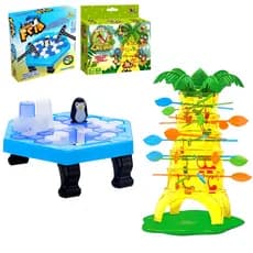 Kit 2 Jogos Brinquedo Pinguim Numa Fria Quebra Gelo Criança + Jogo Infantil Pula Macaco Cada Macaco no seu Galho