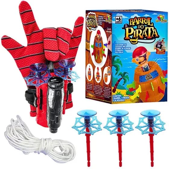 Kit Arminha Luva Aranha Lançador de Teia Dardos Menino Presente Criança 5 anos infantil Spider + Jogo de Tabuleiro Barril Pula Pirata Brinquedo Educativo 3 Anos Jogos Pedagógicos