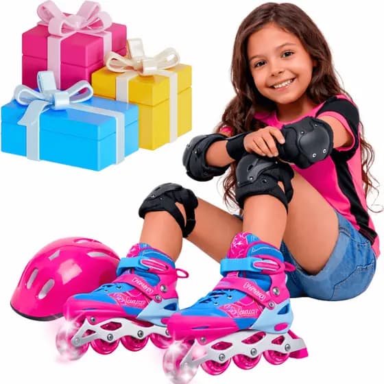 Kit Patins infantil menina e menino ajustável com fivela cadarço rodinhas led inline freio traseiro
