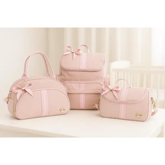 Kit Bolsa Maternidade Mochila Rosa/Rosa Luxo 3 Bolsas Laço Linho