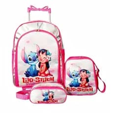 Mochila Rodinhas Lilo Stitch Lancheira Estojo Kit