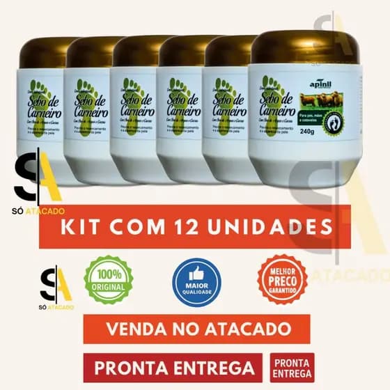 KIT 12 Unidades Creme Sebo de Carneiro Apinil 240g Pés e Mãos | Original Atacado Revenda ⭐