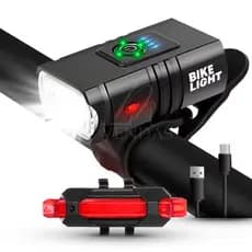 Kit Farol Bicicleta Luz Ultra Led Recarregável Prova D'Água Medidor Bateria Giro 360 + Sinalizador