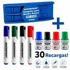 Kit Caneta Marcador Recarregável Para Quadro Branco 4 Pincel + Apagador + 4 Refil Tinta Para Marcador Quadro Branco