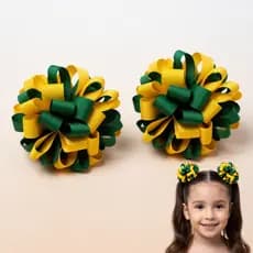 Par de Laços Pompom Brasil Copa do Mundo - Acessório de Cabelo Infantil Menina Verde e Amarelo