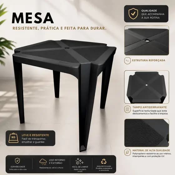 Mesa de Plástico Monobloco Preta para Jardim e Comércio Preta Branca Resitente