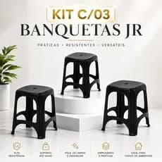 Kit 3 Bancos Banquetas de Plástico Resistente Empilhável Multiuso Cozinha Área Externa Festa Bar Restaurante Preto