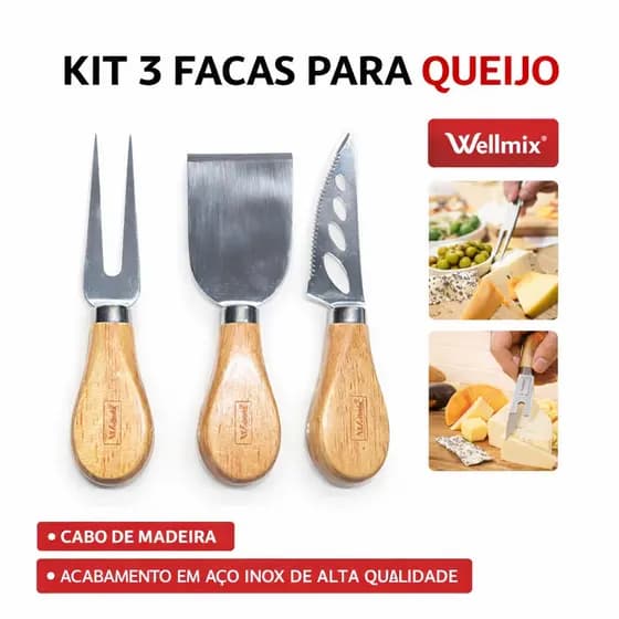 Facas para Queijo e Petiscos 3 Peças Inox Cabo de Madeira