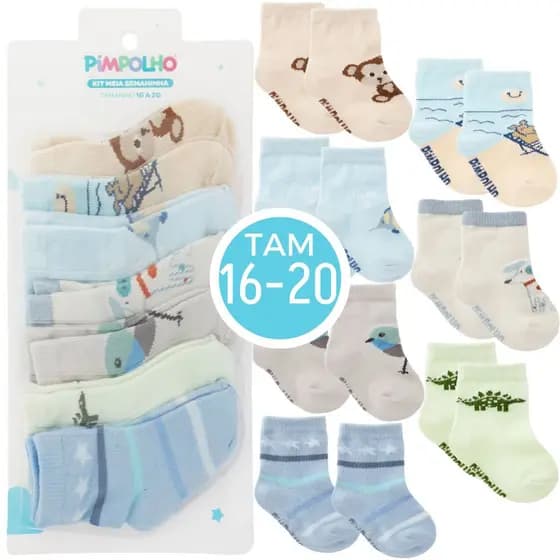 Kit 7 Pares Meia Bebê Pimpolho Menino Algodão Tamanho 16-20 Masculina Cano Alto 6-12 Meses Coloridas