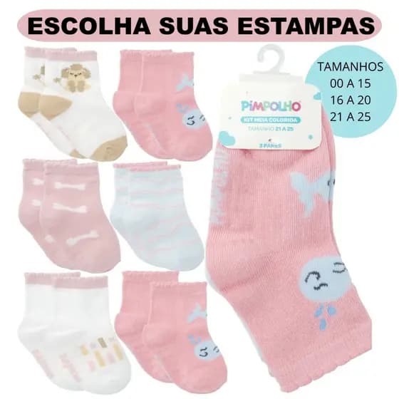 Kit 6 Pares Meia Pimpolho Algodão Antiderrapante Bebê Infantil Feminina Cano Alto Menina Recém Nascido RN 1 Ano