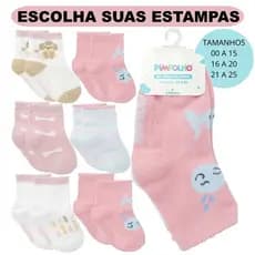 Kit 6 Pares Meia Pimpolho Algodão Antiderrapante Bebê Infantil Feminina Cano Alto Menina Recém Nascido RN 1 Ano