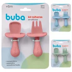 Kit Talher Silicone Bebê Buba Introdução Alimentar Papinha Colher Garfo Transição Alimentação Garfinho Talher Treinamento Aprendizagem Bebê Comer Sozinho Rosa Azul Verde Unissex Viagem Recém Nascido Refeição Ventosa Flexível Super Macio
