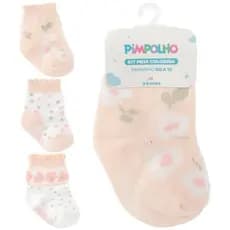 Kit 3 Pares Meia Pimpolho Algodão Antiderrapante Bebê Infantil Feminina Menina Recém Nascido RN 0-25