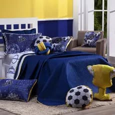 Kit Cama Colcha Cobre Leito SOLTEIRO 06 Peças Dupla Face Futebol Game com Almofadas Estampadas Jogo