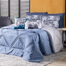 Kit Edredom CASAL Game Start Azul com Almofadas Estampadas 7 Peças - Dupla Face Percal Soft 300 Fios
