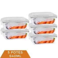 Kit 5 Potes de Vidro Hermético Retangular 640ml Marmita