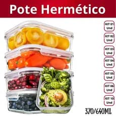 Kit 3/4/5/6/10 Potes Hermético de Vidro 370/640ml Marmita Fit Tampa 4 Travas Freezer Microondas Geladeira