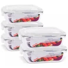 Kit 05 Pote Hermético de Vidro 370ml C/ Valvula Ar Marmita Fit Freezer Microondas Geladeira