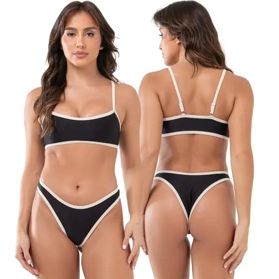 Mood Biquíni Canelado Bicolor Feminino Top Cropped e Tanga Fio Asa Delta Forrado Lycra Poliamida 340