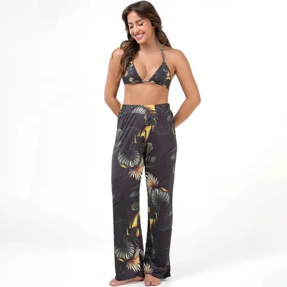 Kit 3 Peças Conjunto de Biquini Cortininha Calcinha Fio Duplo E Calça Saída de Praia Estampada 276+142