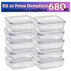Kit de 6 até 12 Potes de Vidro 640ml - 370 ml Hermético Marmita Fit com Tampa 4 Travas Premium