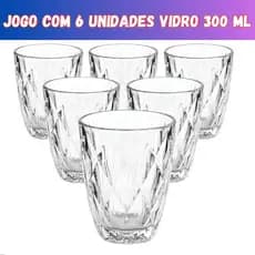 Jogo 6 Copos Baixos Diamond 300ml Vidro Grosso Diamante Luxo