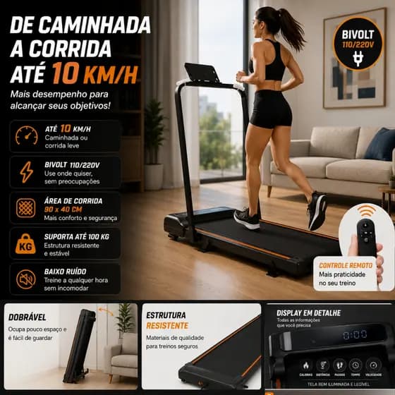 Esteira Elétrica Dobrável 2.5HP 10KMH 100KG Bivolt Controle Remoto Caminhada Corrida Home Gym