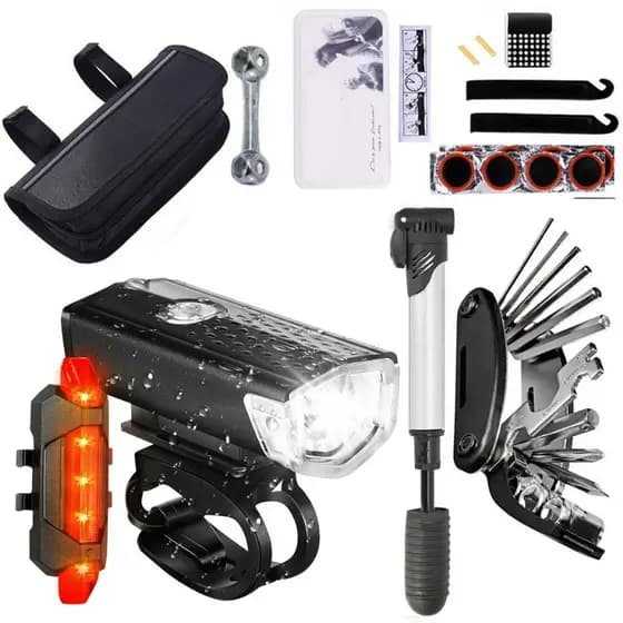 Farol Bike Luz Led Usb 300 Lumens + Sinalizador + Estojo de Ferramentas Chaves Multiuso Bomba De Inflar Pneu Remendo