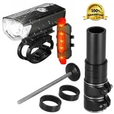 Farol Bike Luz Led Usb Ciclismo 300 Lumens + Sinalizador Traseira + Prolongador De Mesa Guidão