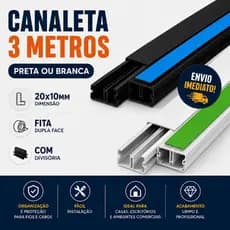 3 Metros Canaleta Organizador De Fios Preta Branca 20x10mm Sistema X Com Fita Adesiva E Divisoria