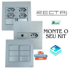 Conjunto Tomada Prata Fosco 10a 20a Interruptor Simples Paralelo 4x4 Recta Prata Satin Fosco BLUX
