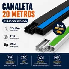 20 Metros Canaleta Adesiva Esconde Fios PVC 20x10mm Organizador Cabos Com Divisória Conector Emenda
