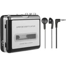Toca-fitas cassete portátil USB conversor p/ MP3 (c/ fone de ouvido + cabo USB×USB-C inclusos) som