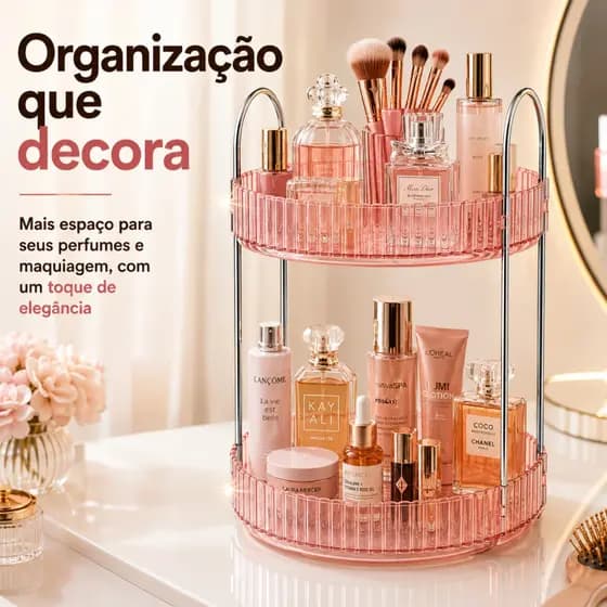 Organizador de Maquiagem e Perfumes 2 Andares Acrílico Rose Porta Cosméticos Grande Premium