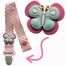 Prendedor de chupeta Borboleta Rosa Menina Bebê Com Apliques Presilha Resistente Angu Bebê