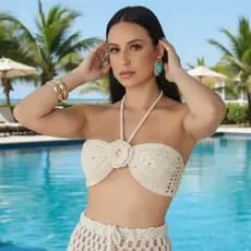 Top Faixa de Flor Crochê Verão Sutiã Com Amarração Saída de Praia Feminino Biquíni Detalhado